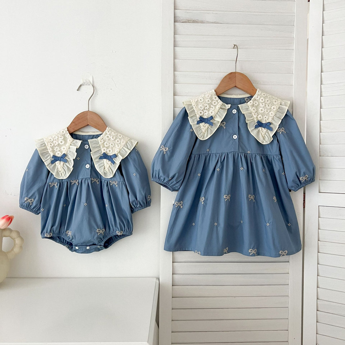 Bow-Tie Dresses and Onesie for Baby Sisters-478