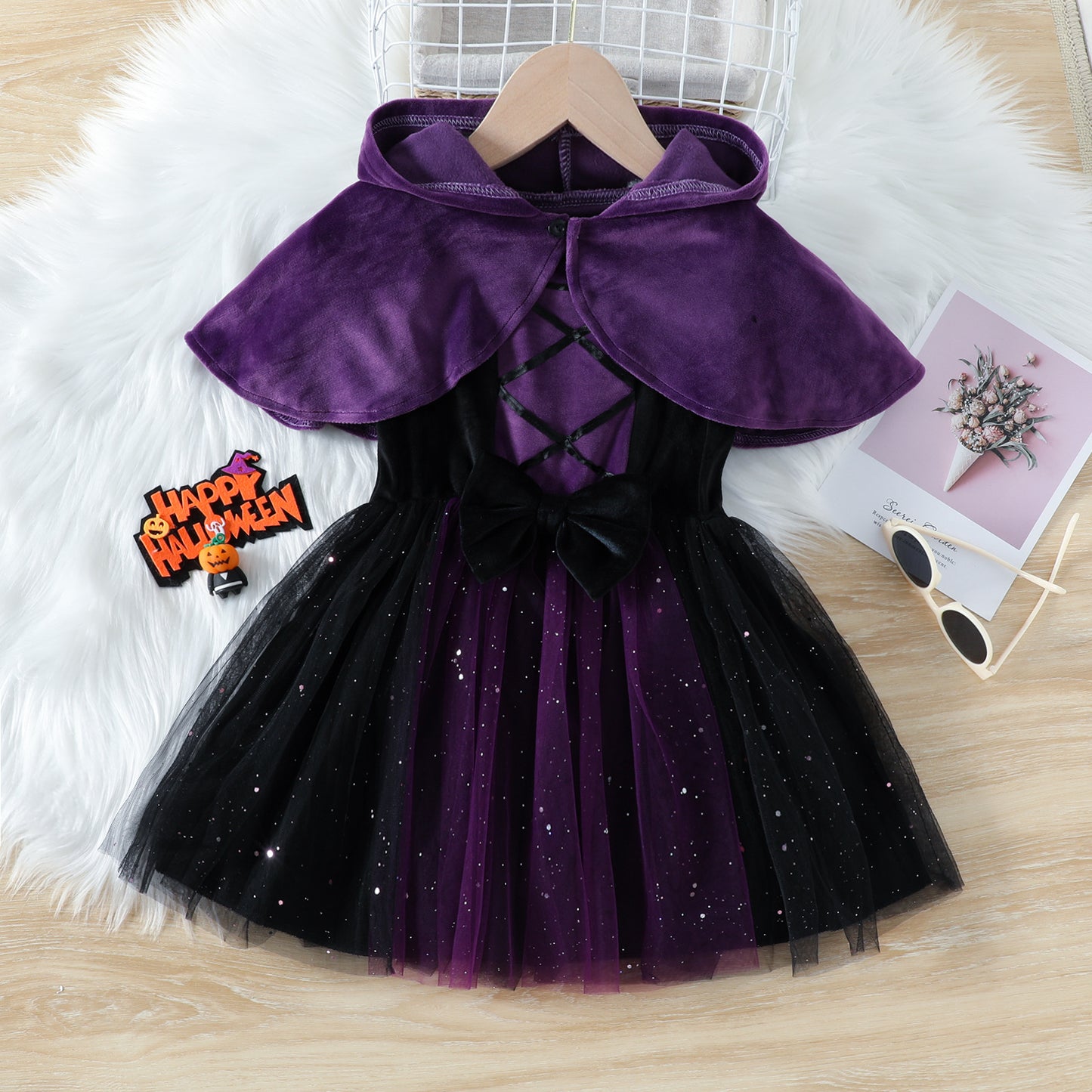 Halloween Hooded Cape and Tulle Dress Two-Piece Set-417