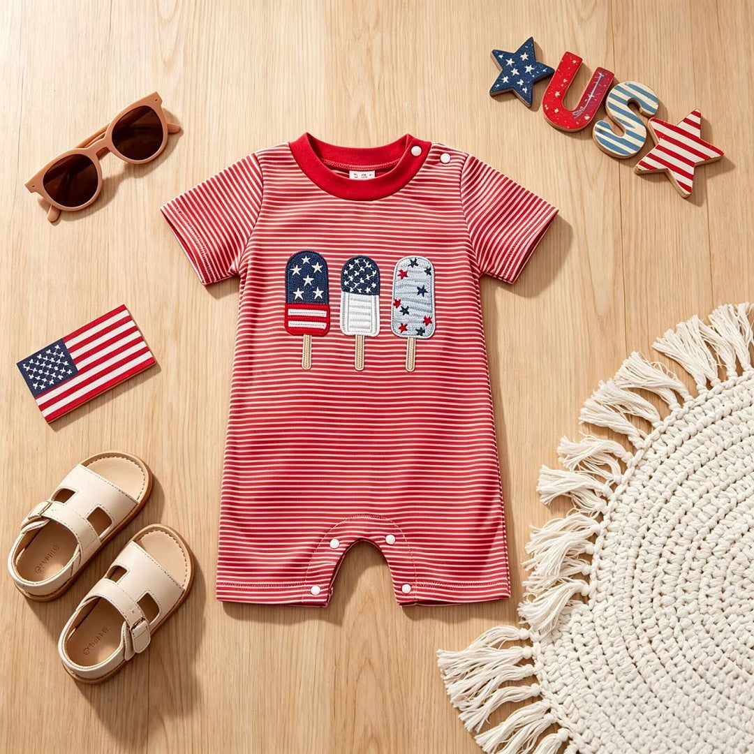 U.S. Independence Day Baby Flag Popsicle Embroidered Short-Sleeve Romper-440