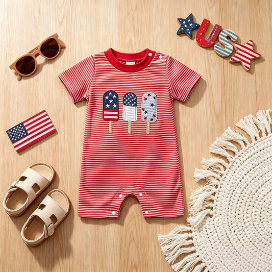 U.S. Independence Day Baby Flag Popsicle Embroidered Short-Sleeve Romper-440