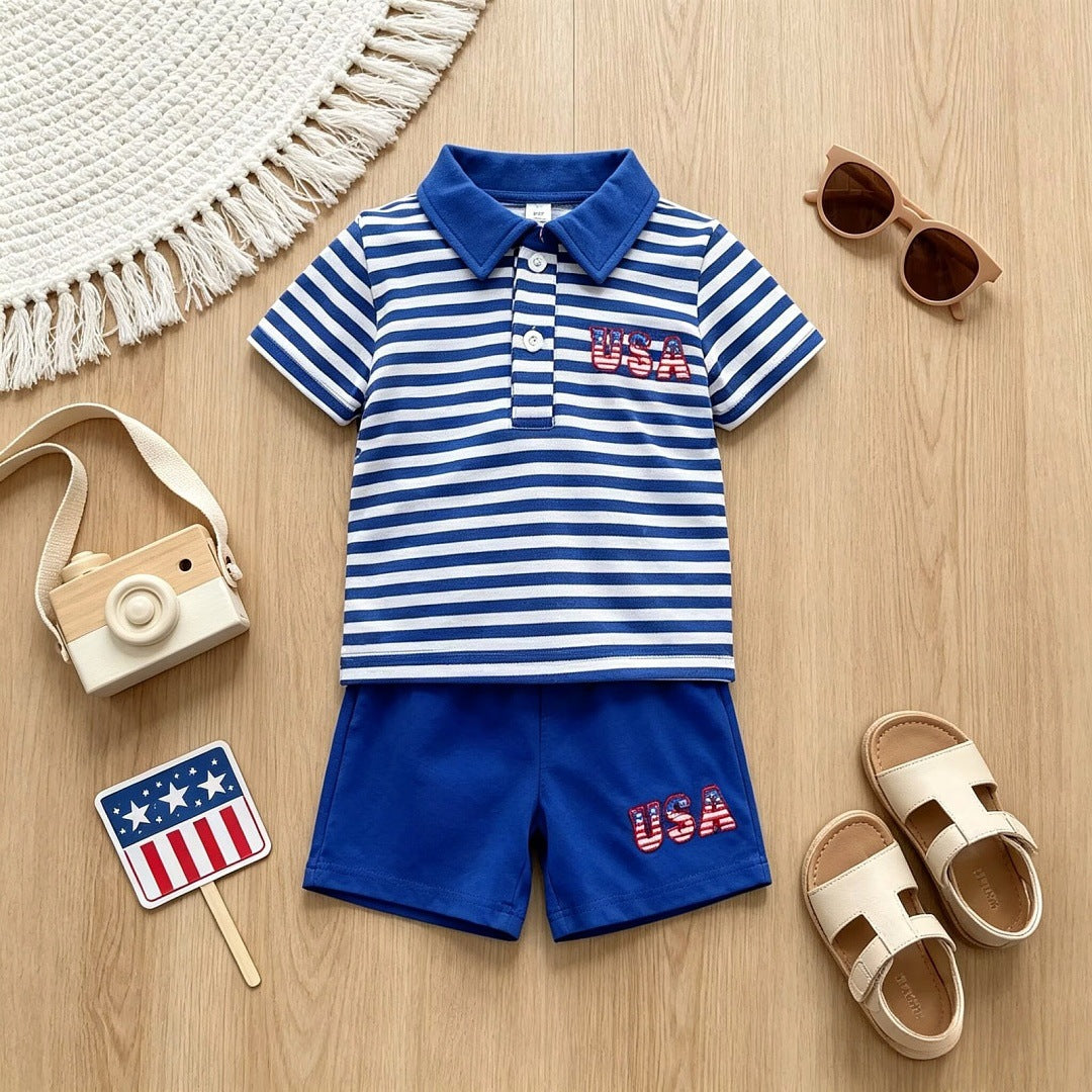 U.S. Independence Day Boy Polo Shirt and Shorts Two-Piece Set-443
