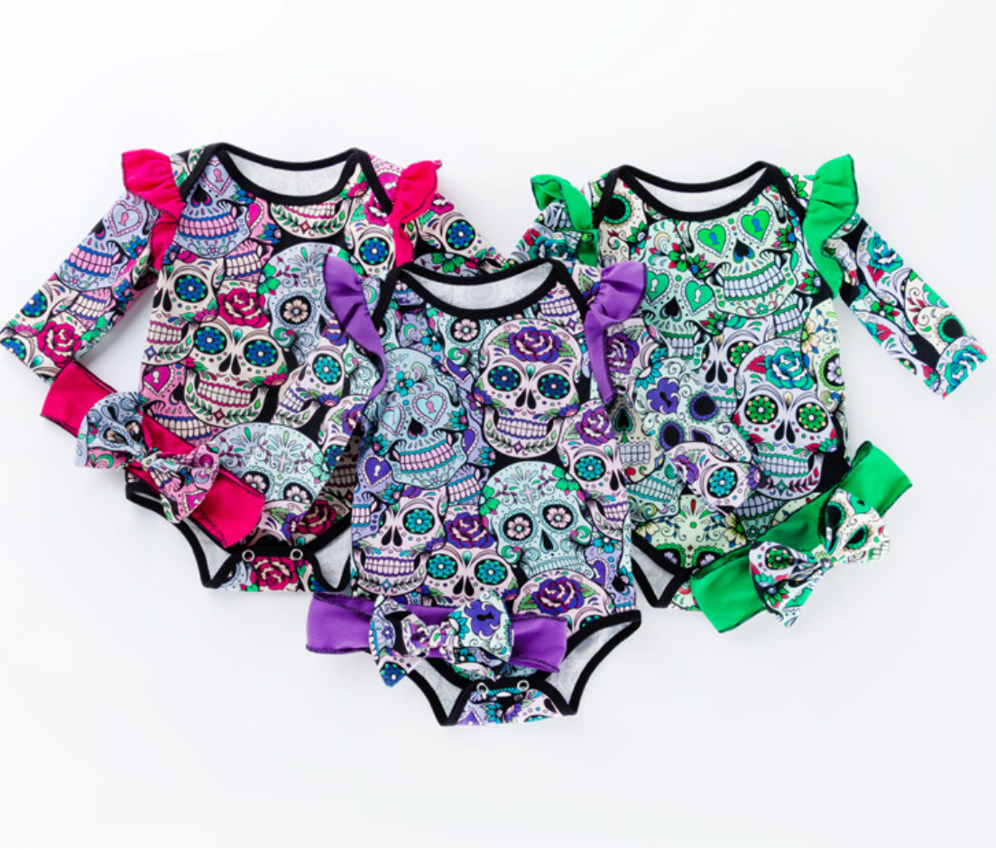 Baby Girl Sugar Skull Halloween Romper with Headband-156