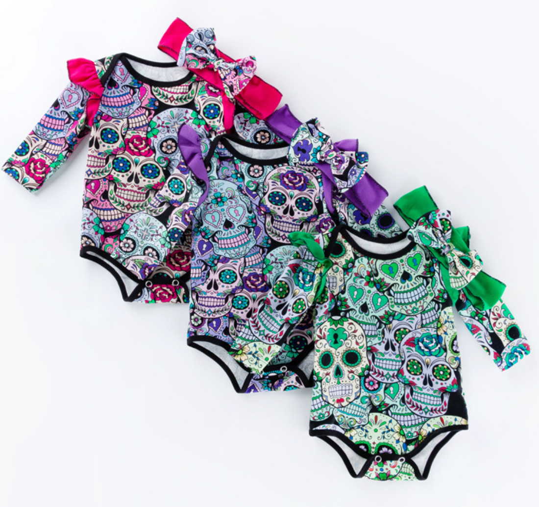 Baby Girl Sugar Skull Halloween Romper with Headband-156