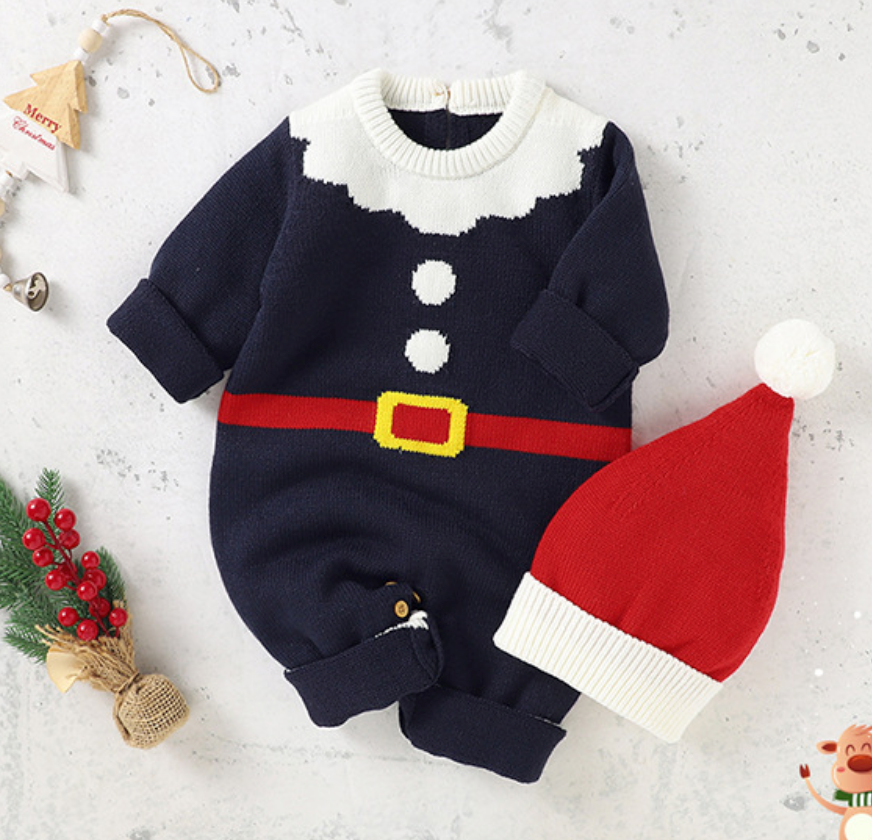 Baby Christmas Knit Onesie and Hat Set-495
