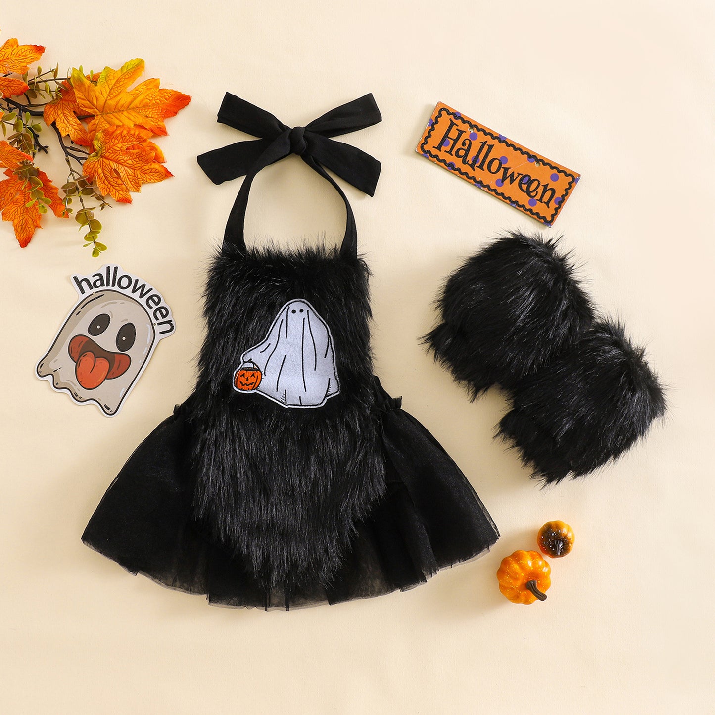 Baby Girl Halloween Fleece Rompers Dress with Gloves-468