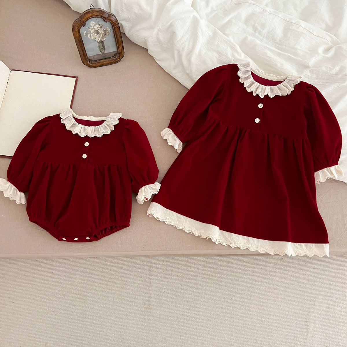 Red Velvet Dresses and Onesie for Baby Sisters-487