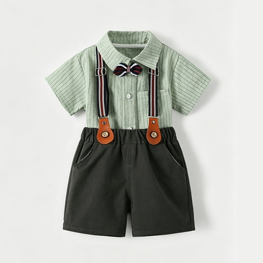 Toddler Gentleman's Formal Summer Suit 3PCS | Shirt + Overalls + Bow Tie-94