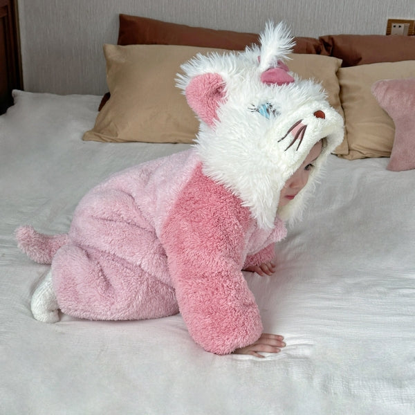 Baby Girl Pink Kitty Costume Winter One-Piece Outfit with Hood – Premium Flannel-125