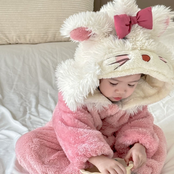 Baby Girl Pink Kitty Costume Winter One-Piece Outfit with Hood – Premium Flannel-125