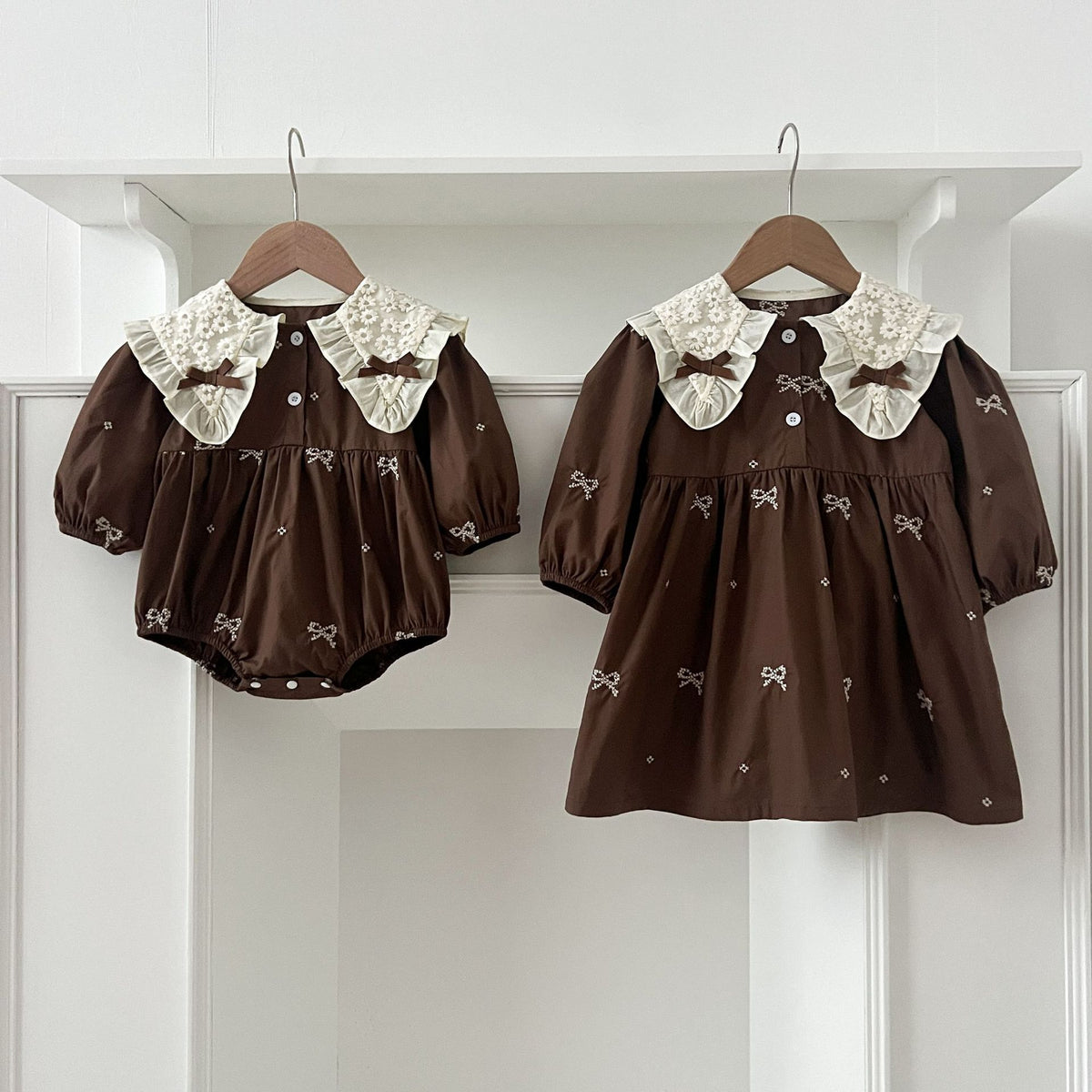 Bow-Tie Dresses and Onesie for Baby Sisters-478