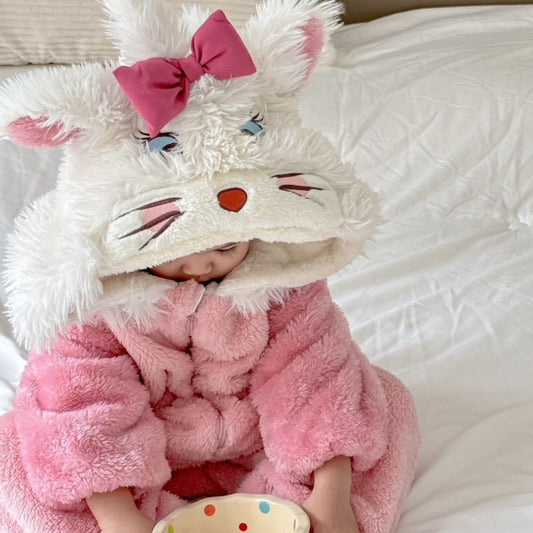 Baby Girl Pink Kitty Costume Winter One-Piece Outfit with Hood – Premium Flannel-125