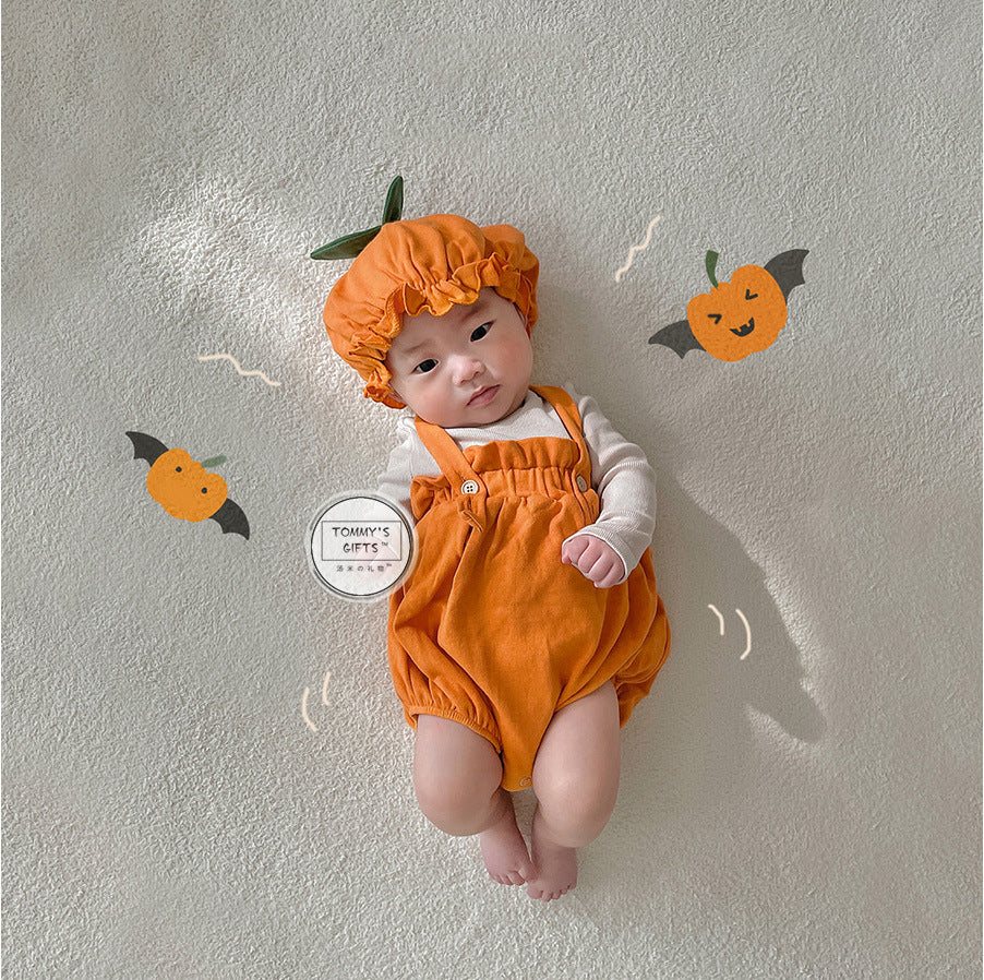 Baby Pumpkin Costume 2-Piece Set – Orange Suspender Onesie with Hat-273