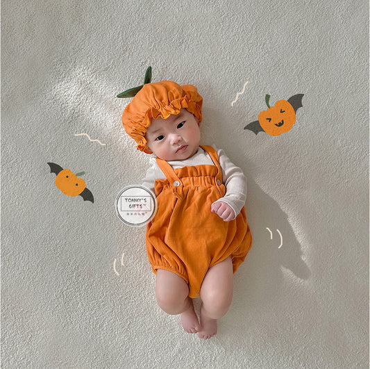 Baby Pumpkin Costume 2-Piece Set – Orange Suspender Onesie with Hat-273