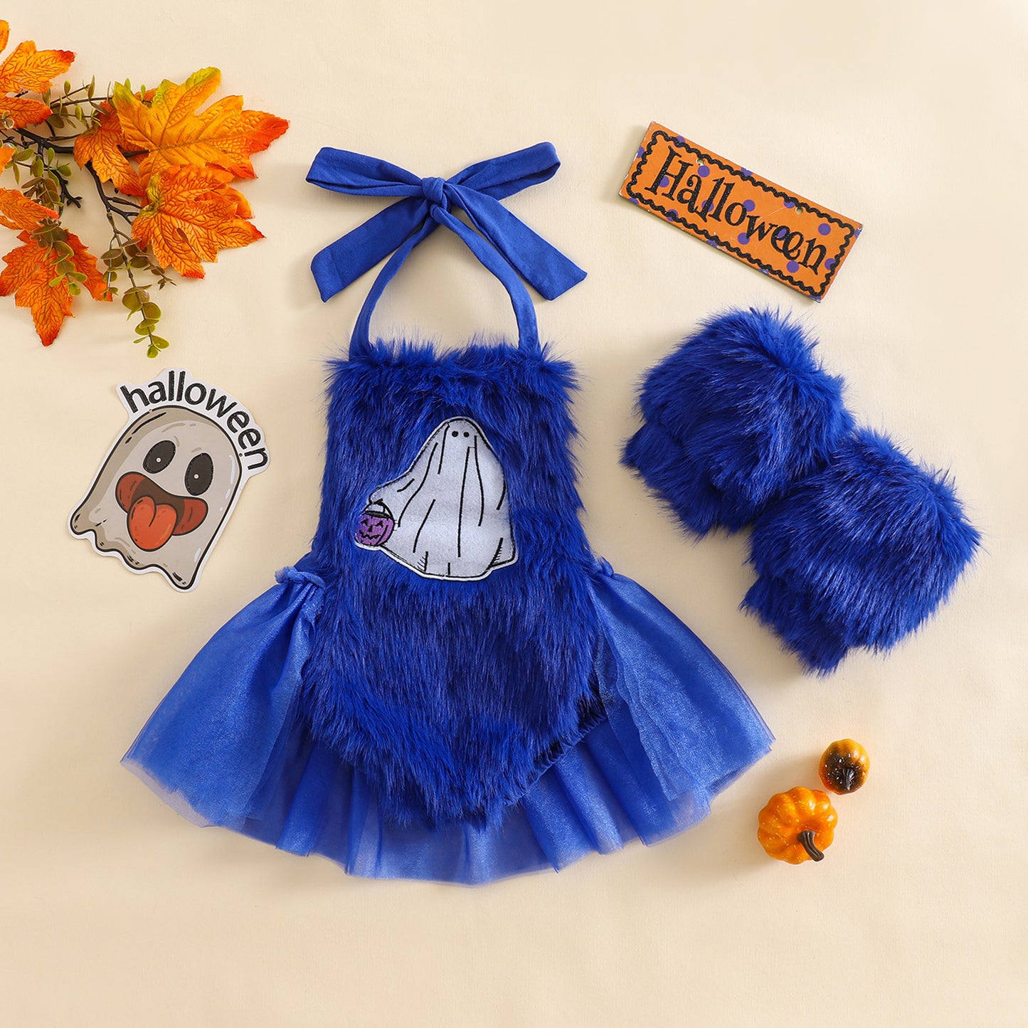 Baby Girl Halloween Fleece Rompers Dress with Gloves-468