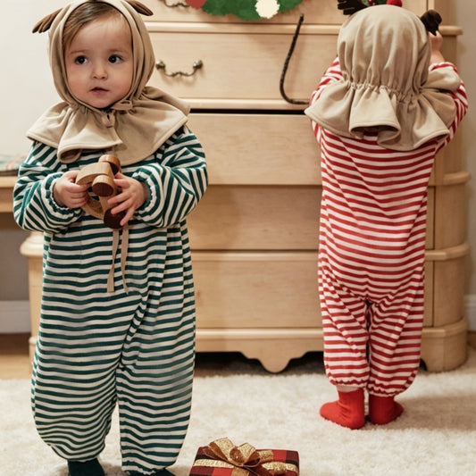 Baby Christmas Reindeer Costume – Striped Onesie with Reindeer Headband Set-315