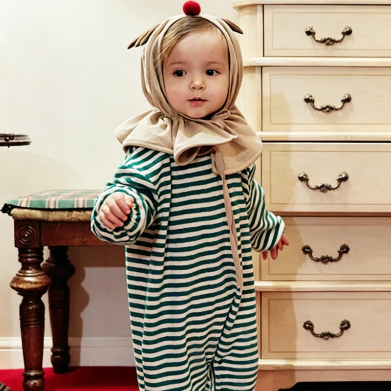 Baby Christmas Reindeer Costume – Striped Onesie with Reindeer Headband Set-315