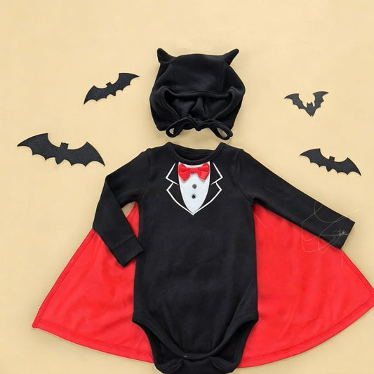 Baby Gentleman Bat Halloween Costume 3-Piece Set – Tuxedo Onesie, Cape & Hat-349
