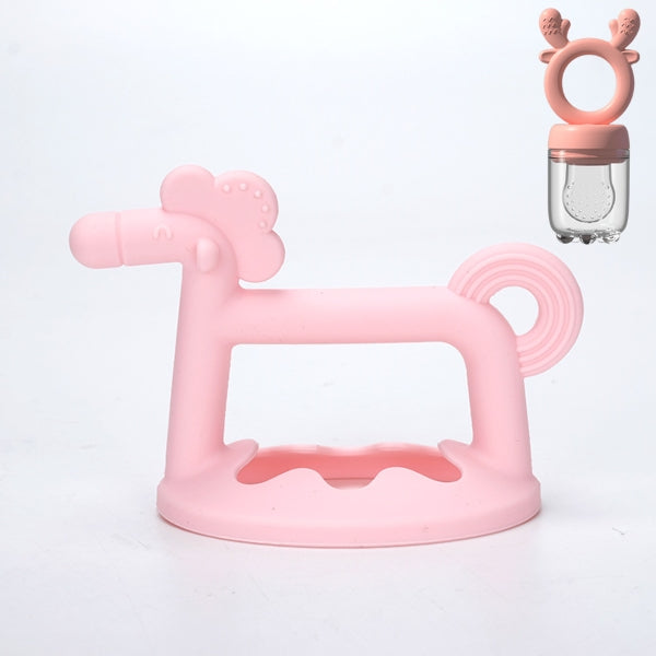 3D Horse Baby Silicone Teether | Firm Gum Relief + Fruit Feeder Set