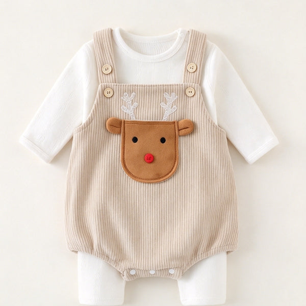 Baby Christmas 3-Piece Set | Cotton Undershirt & Pants + Corduroy Overalls-497