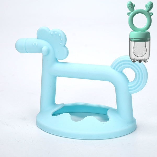 3D Horse Baby Silicone Teether | Firm Gum Relief + Fruit Feeder Set