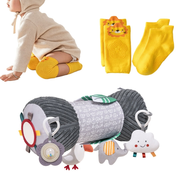 Inflatable Tummy Time Pillow Toy 3-in-1 Sensory Baby Gym with Mirror Rattle Crinkle 0-12M -261
