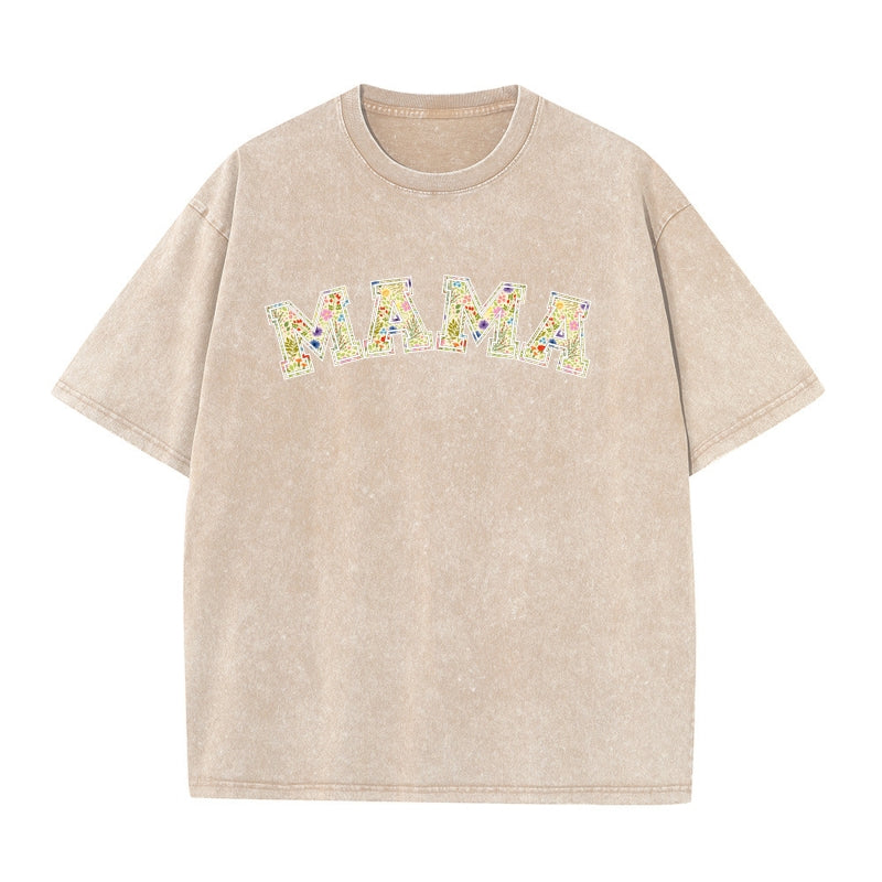 MAMA Vintage Washed Cotton T-Shirt | Floral & Leopard Print | S-5XL