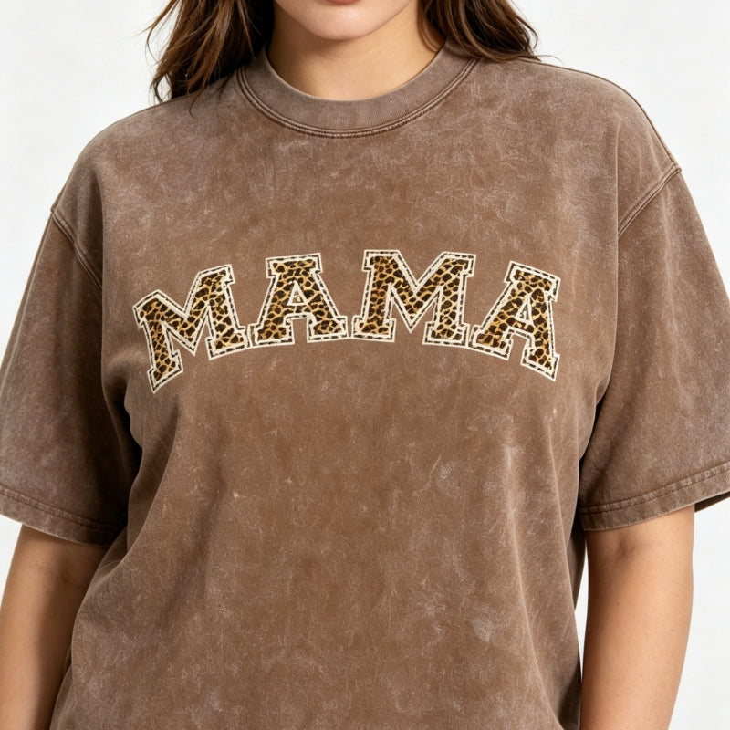 MAMA Vintage Washed Cotton T-Shirt | Floral & Leopard Print | S-5XL