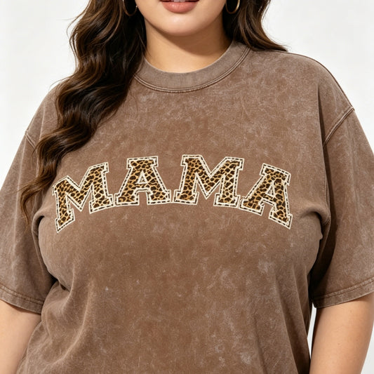 MAMA Vintage Washed Cotton T-Shirt | Floral & Leopard Print | S-5XL