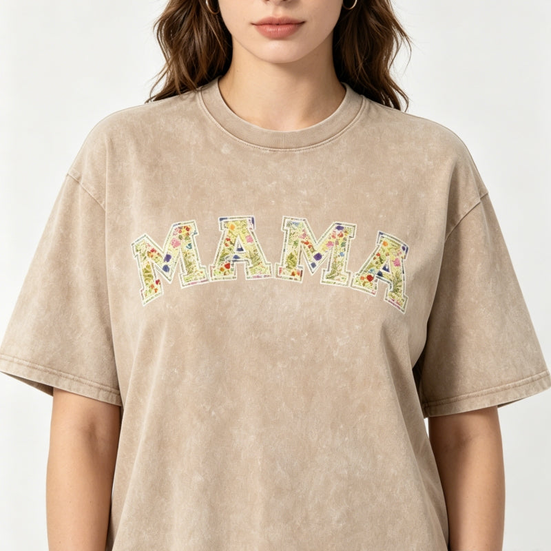 MAMA Vintage Washed Cotton T-Shirt | Floral & Leopard Print | S-5XL