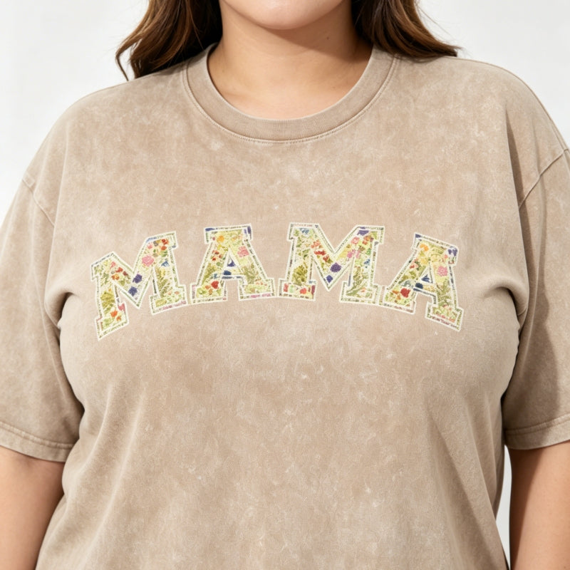 MAMA Vintage Washed Cotton T-Shirt | Floral & Leopard Print | S-5XL