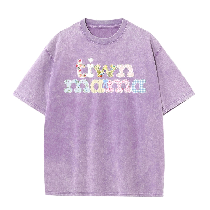 Twin Mama Vintage Washed Cotton T-Shirt |Plus Size S-5XL