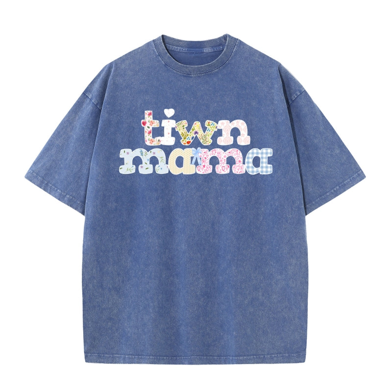 Twin Mama Vintage Washed Cotton T-Shirt |Plus Size S-5XL