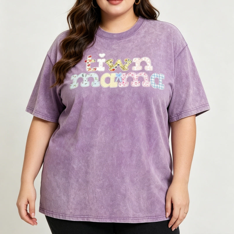 Twin Mama Vintage Washed Cotton T-Shirt |Plus Size S-5XL