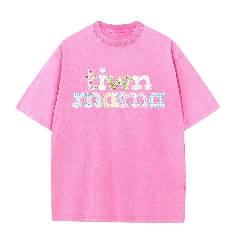 Twin Mama Vintage Washed Cotton T-Shirt |Plus Size S-5XL