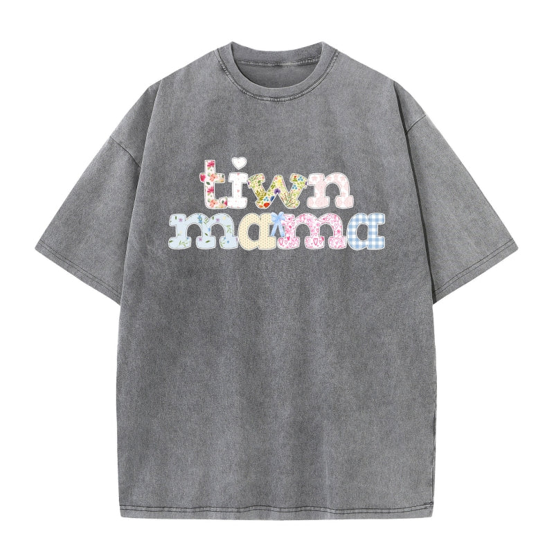 Twin Mama Vintage Washed Cotton T-Shirt |Plus Size S-5XL
