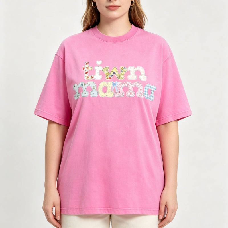 Twin Mama Vintage Washed Cotton T-Shirt |Plus Size S-5XL