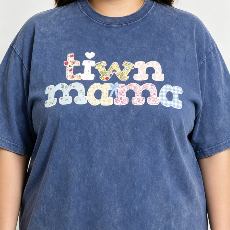 Twin Mama Vintage Washed Cotton T-Shirt |Plus Size S-5XL