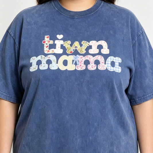 Twin Mama Vintage Washed Cotton T-Shirt |Plus Size S-5XL