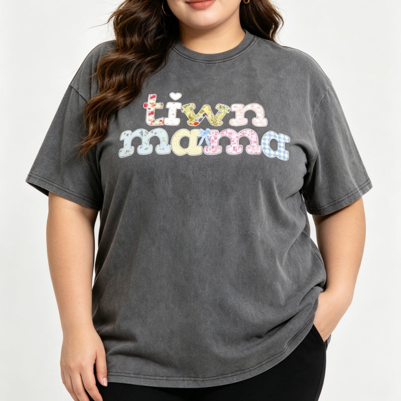 Twin Mama Vintage Washed Cotton T-Shirt |Plus Size S-5XL