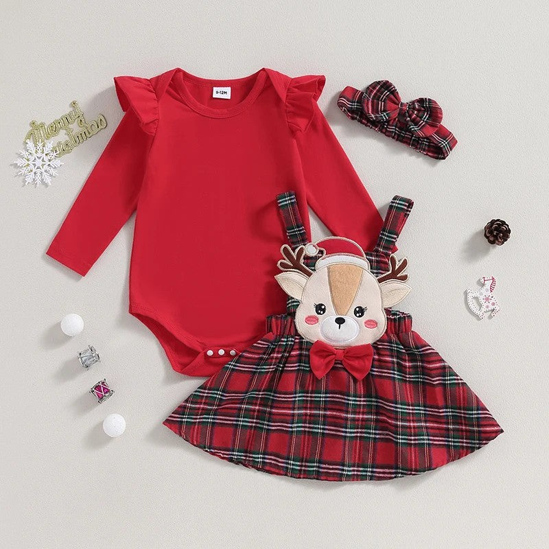 Baby Girl Christmas Outfit | Reindeer Suspender Skirt & Red Bodysuit Red / 9to12 Baby Girl Christmas Outfit | Reindeer Suspender Skirt & Red Bodysuit Red / 9to12