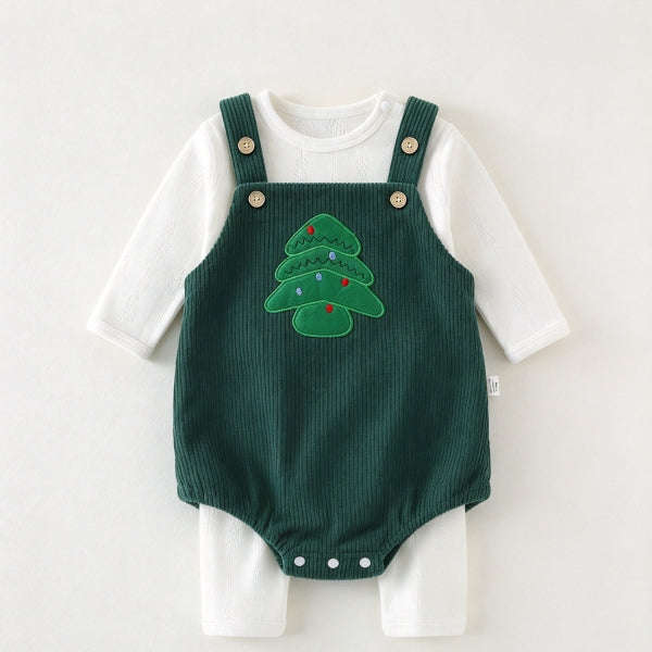 Baby Christmas 3-Piece Set | Cotton Undershirt & Pants + Corduroy Overalls-497
