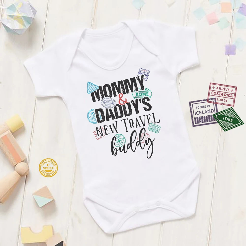 Mommy and Daddy’s New Travel Buddy Baby Onesie Traveler Passport Stamps-110