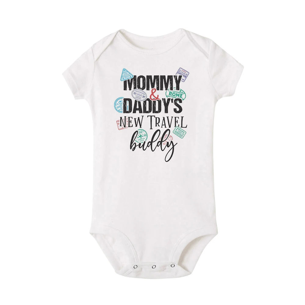 Mommy and Daddy’s New Travel Buddy Baby Onesie Traveler Passport Stamps-110