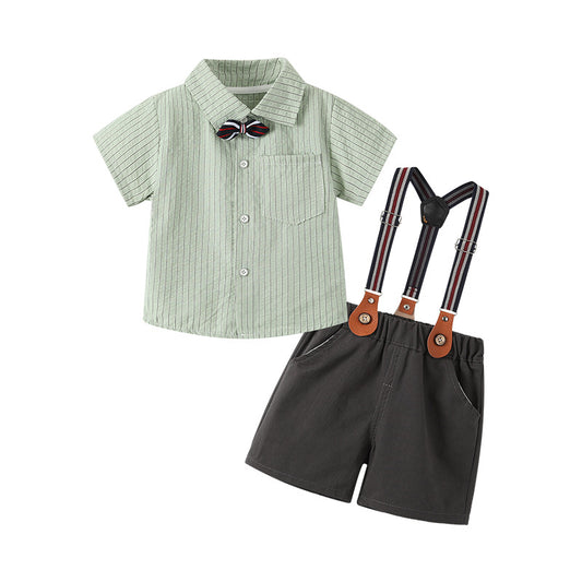 Toddler Gentleman's Formal Summer Suit 3PCS | Shirt + Overalls + Bow Tie-94