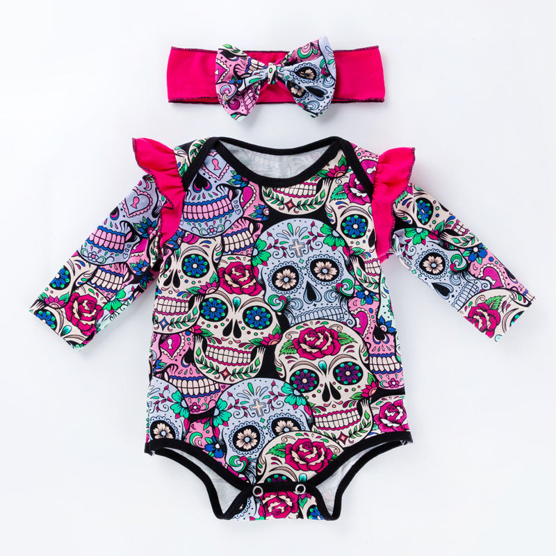 Baby Girl Sugar Skull Halloween Romper with Headband-156