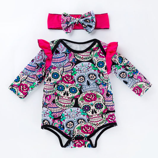 Baby Girl Sugar Skull Halloween Romper with Headband-156