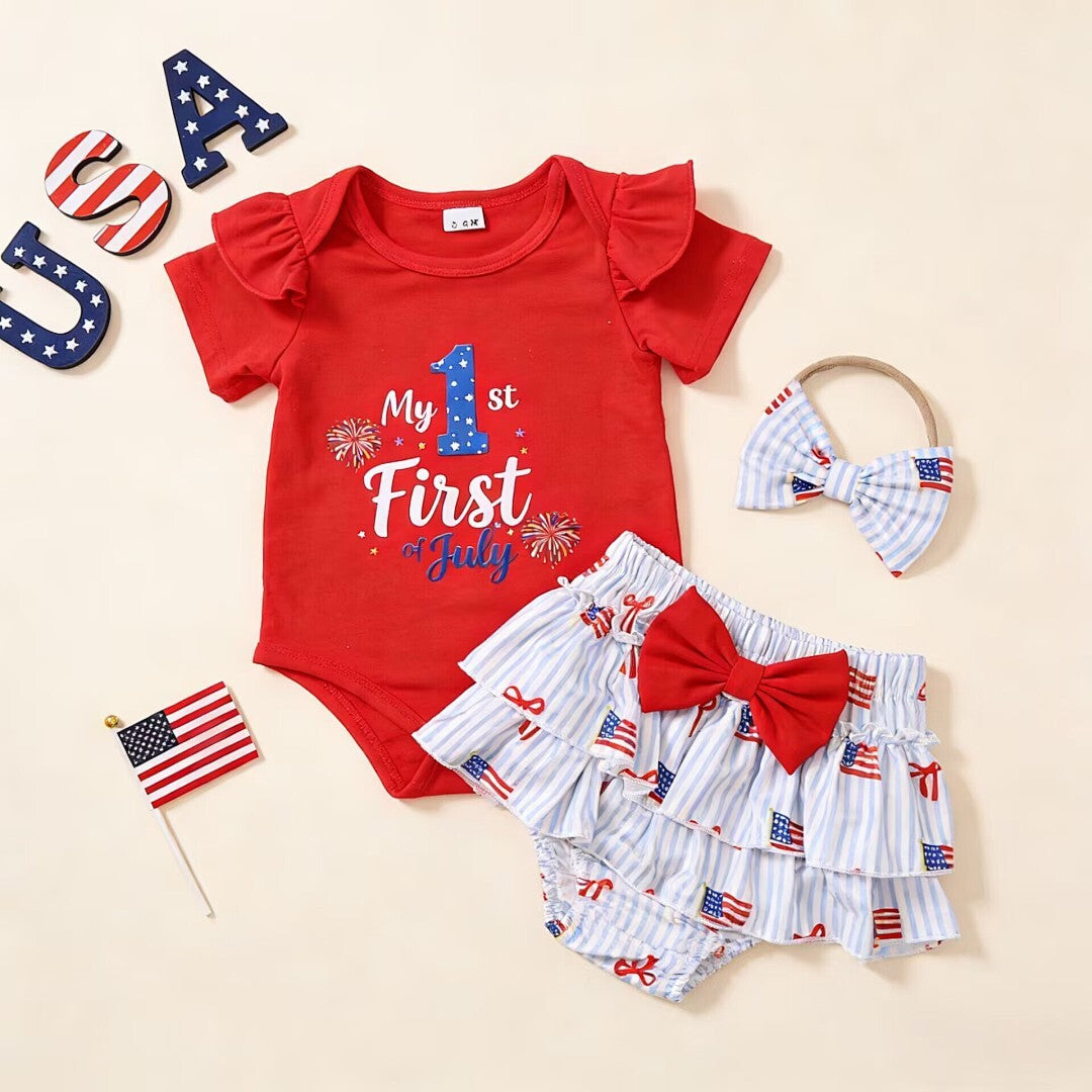 “My First 4th of July”  Baby Girl T-shirt Romper Set-442