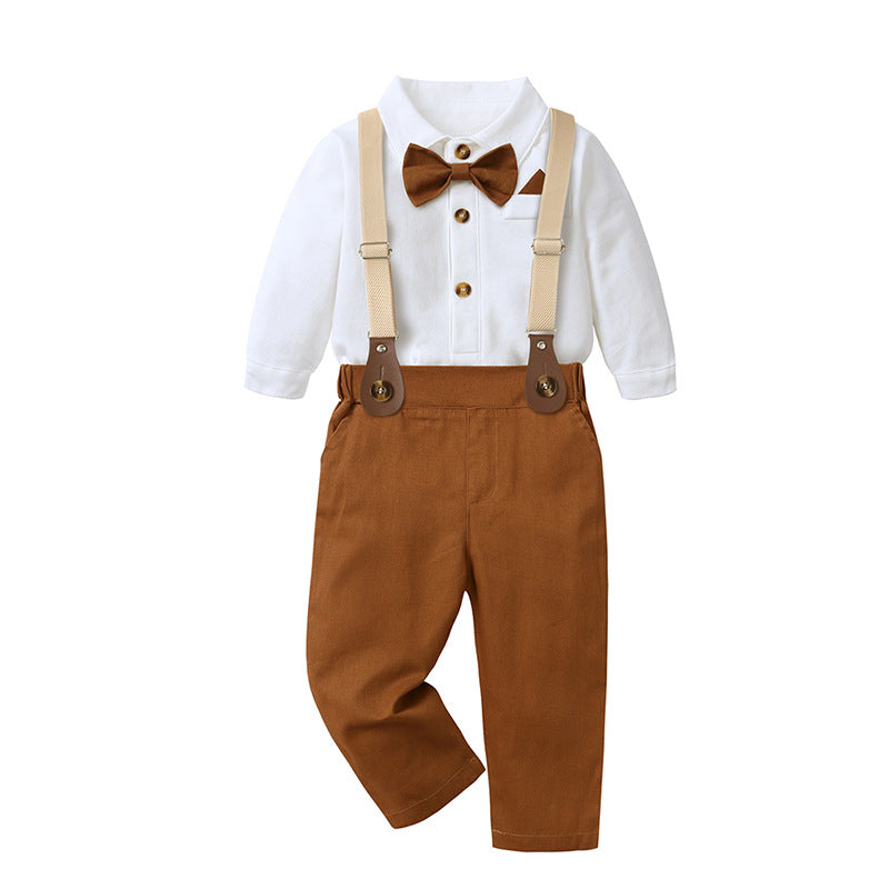 Baby Boy British Style Suspender Suit 2pcs Set | Knit Cotton Romper & Shorts/Pants-128