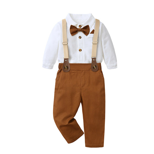 Baby Boy British Style Suspender Suit 2pcs Set | Knit Cotton Romper & Shorts/Pants-128