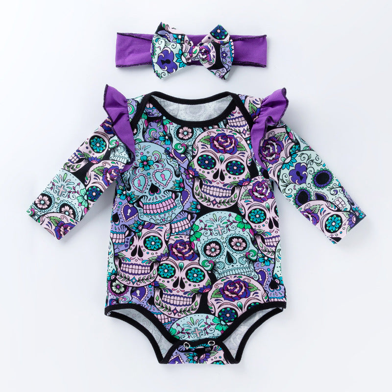 Baby Girl Sugar Skull Halloween Romper with Headband-156